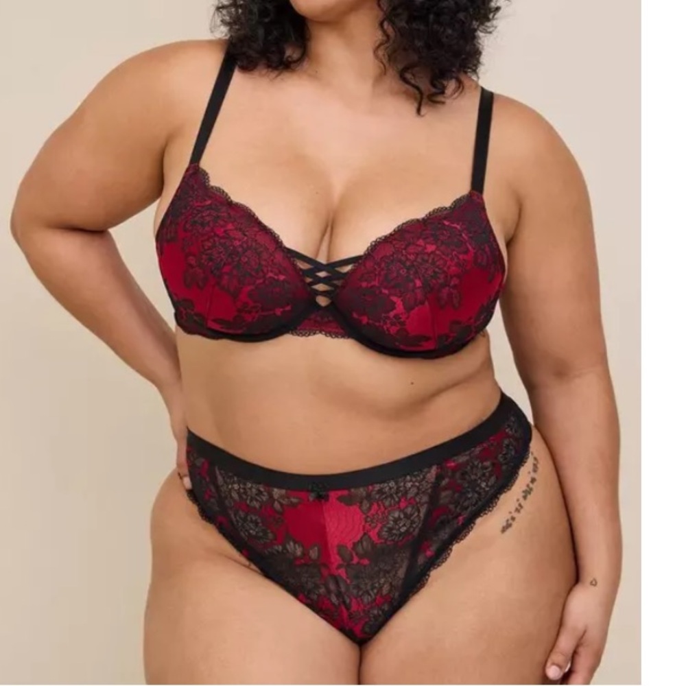 Torrid Red and Black Lace Bra & thong panty set